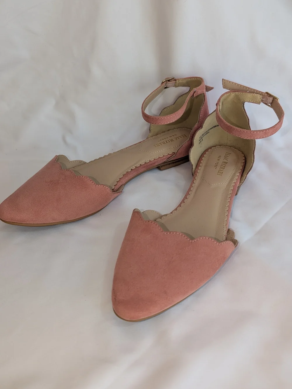 Isaac Mizrahi Dusty Pink Scalloped Suede Ankle-Strap Flats